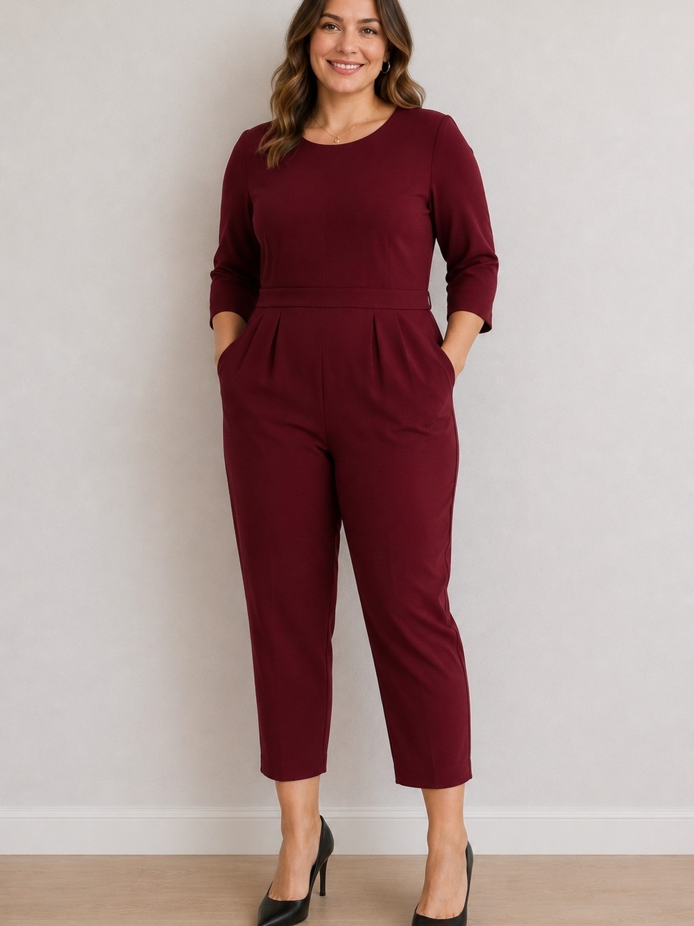 Madewell Sloan Jumpsuit Women’s 10 Burgundy Crepe Cropped 3/4 Sleeve Fall